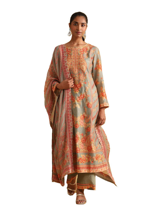 Ritu Kumar Green Floral Print Chanderi Kurta With Palazzo And Dupatta