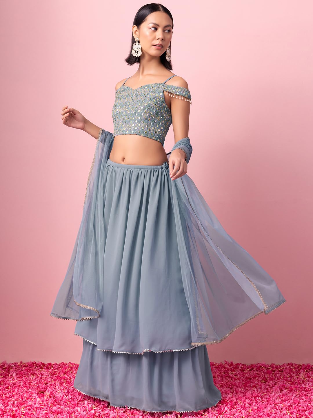 Indya Women's Georgette Lehenga Sets (ICO00535_Blue_S)