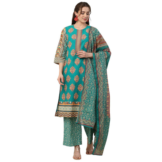 Biba Women Green Cotton Straight Suit Set_34
