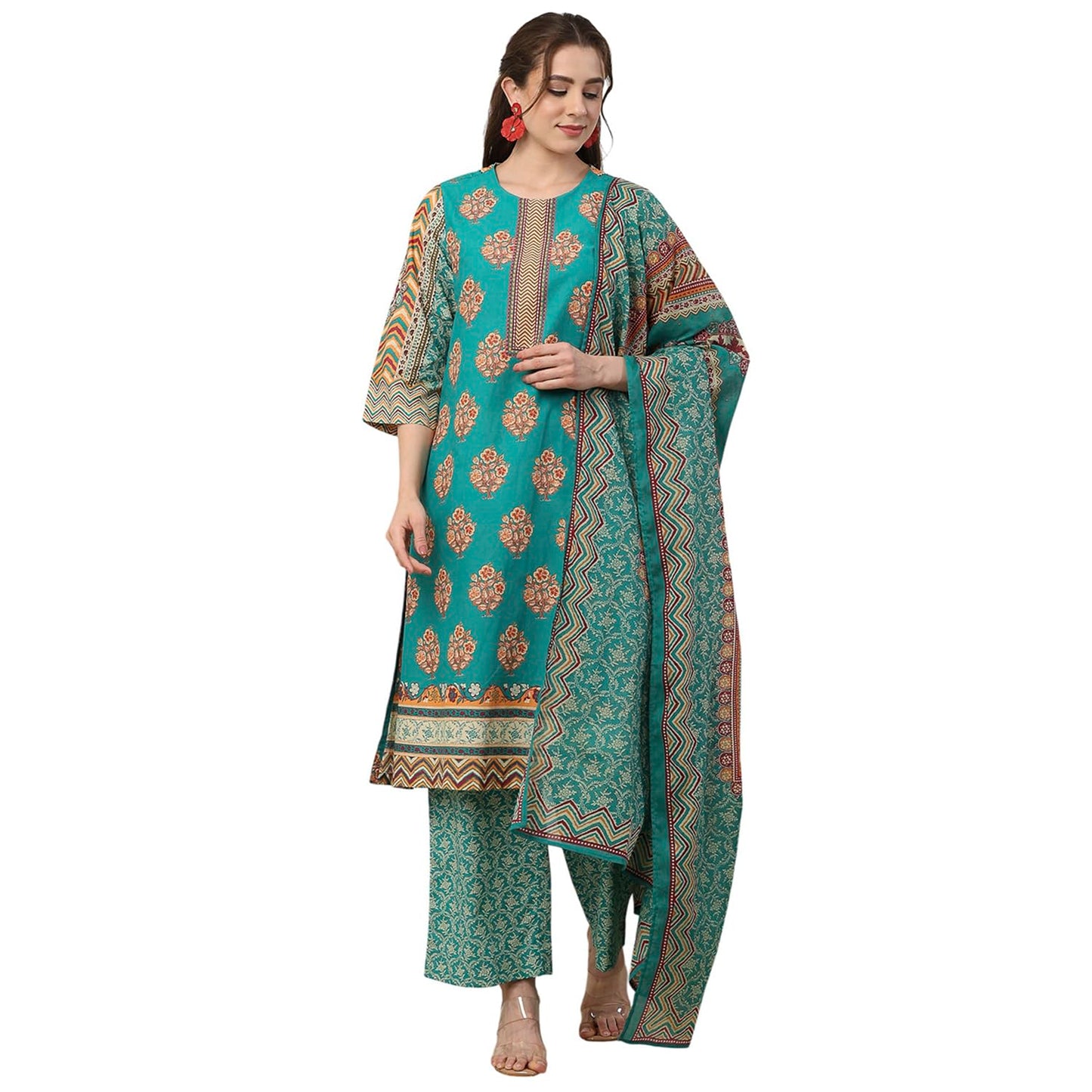 Biba Women Green Cotton Straight Suit Set_38