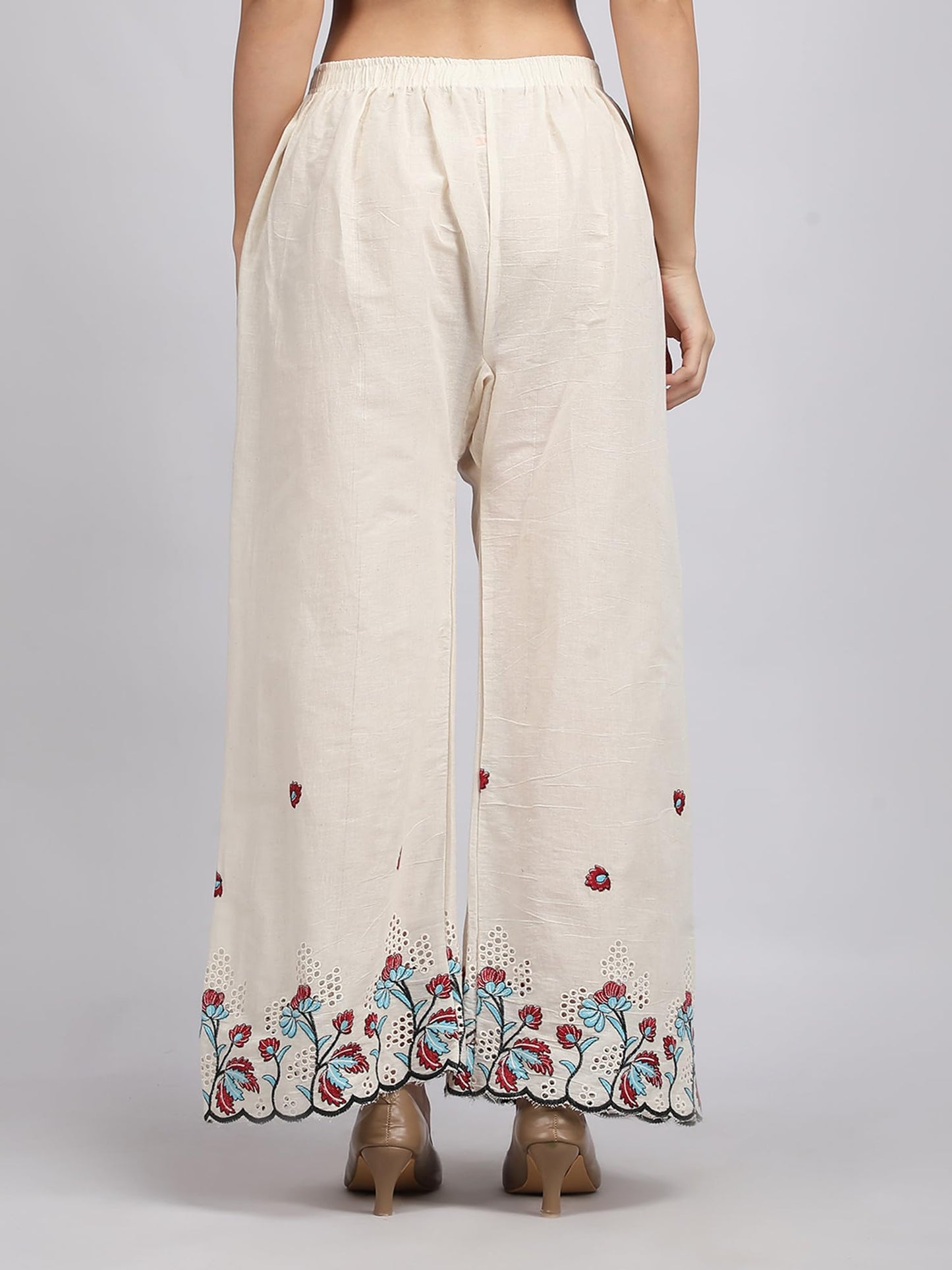 Georgio Martini - Ethnic Flower Design Hand Work Embroidery Wide Leg Linen Adjustable Chicken Smart Plazzo Pants with Drawstring
