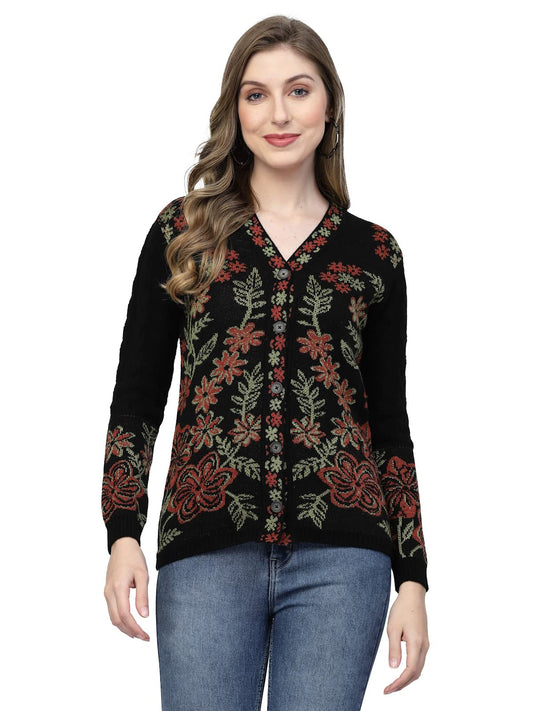 Kalt Women Sweater for Winter Woolen Acrylic Full Sleeves V-Neck Floral Design Cardigan Sweater for Women Winter Woollen Stylish(Black;5XL)