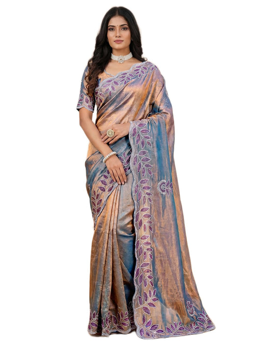 SIRIL Women's Shimmer Chiffon Scalloped Border Stone Work Embroidery Saree with Unstitched Blouse Piece (4974S941A_Lavender)