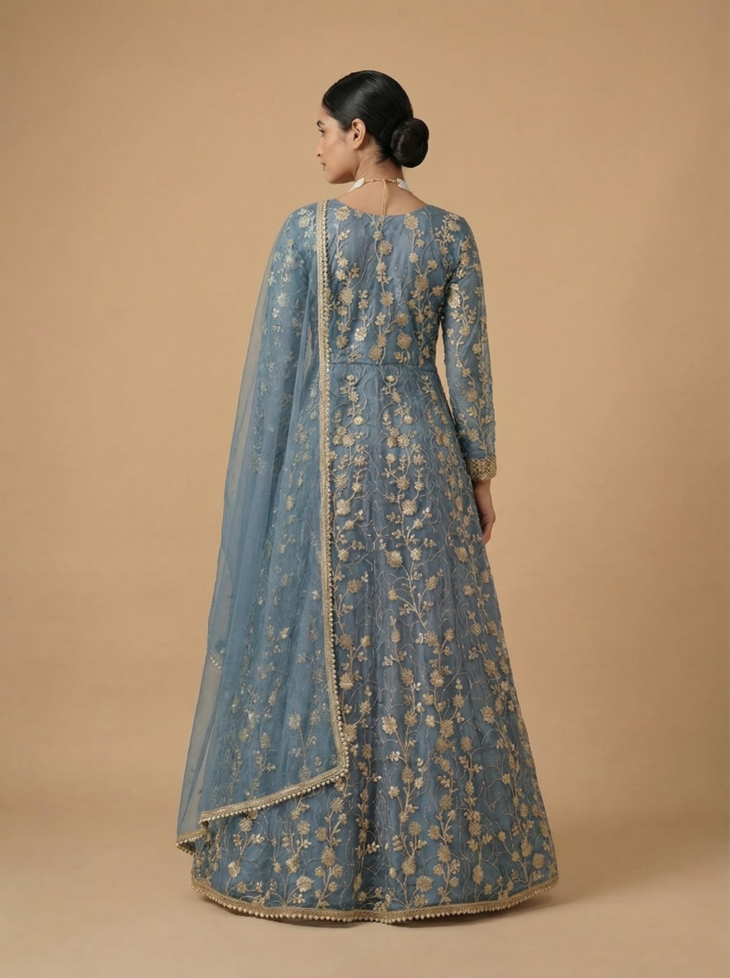 RUDRAPRAYAG Net And Santoon Embroidered Semi Stitched Ankle Length Anarkali Gown For Women