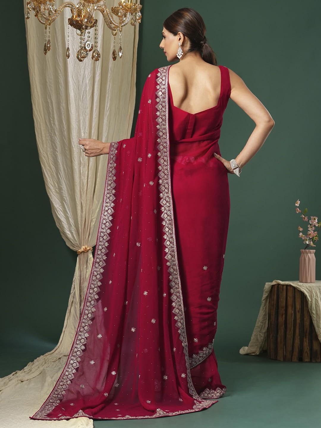 SAREE MALL Women's Pink Georgette Embroidered Saree With Unstitched Blouse (JAYSHREE5001_JS)