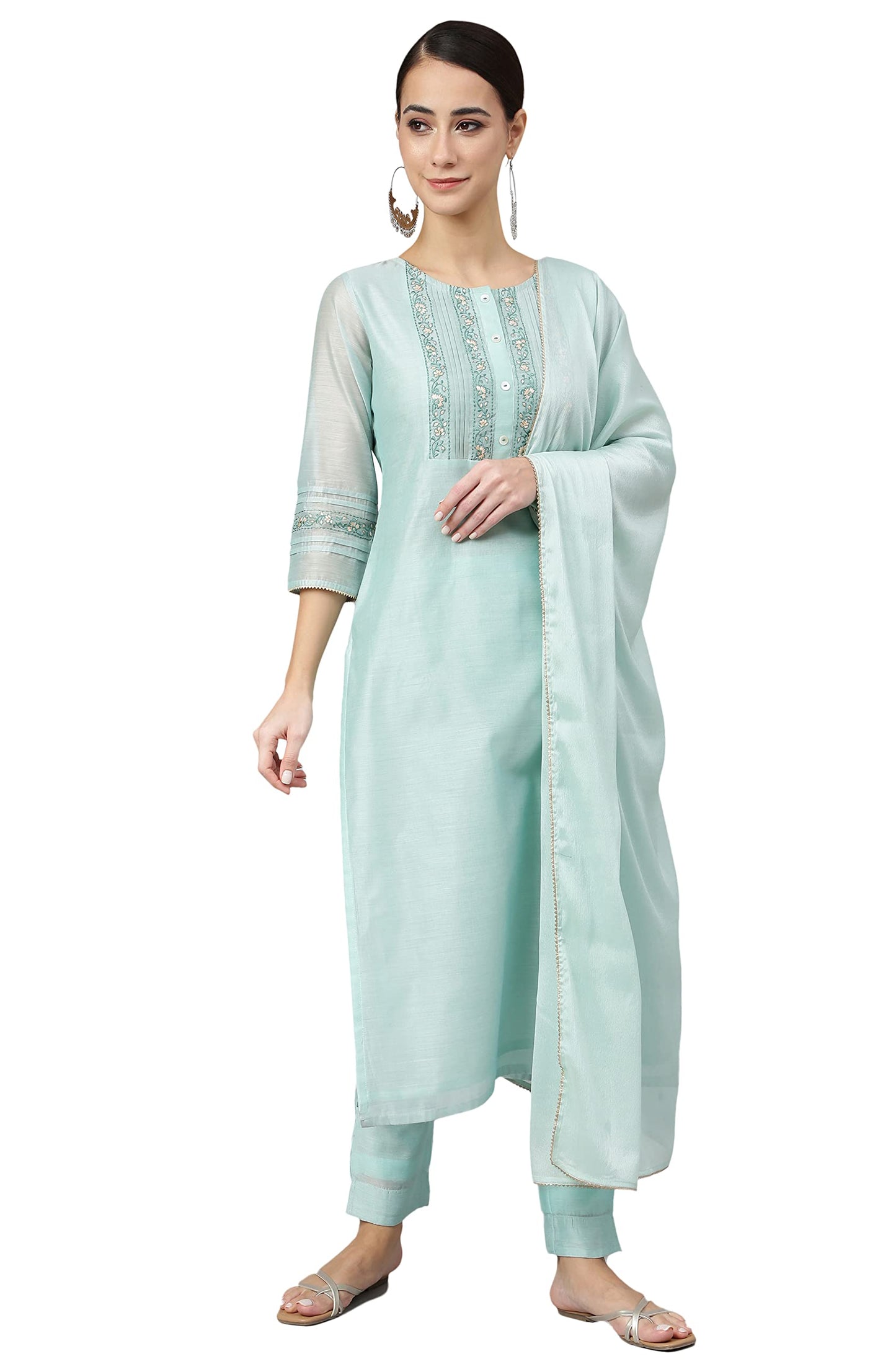Janasya Women's Sea Blue Chanderi Silk Solid Kurta with Pant and Dupatta (SET561-KR-NP-RE-L)