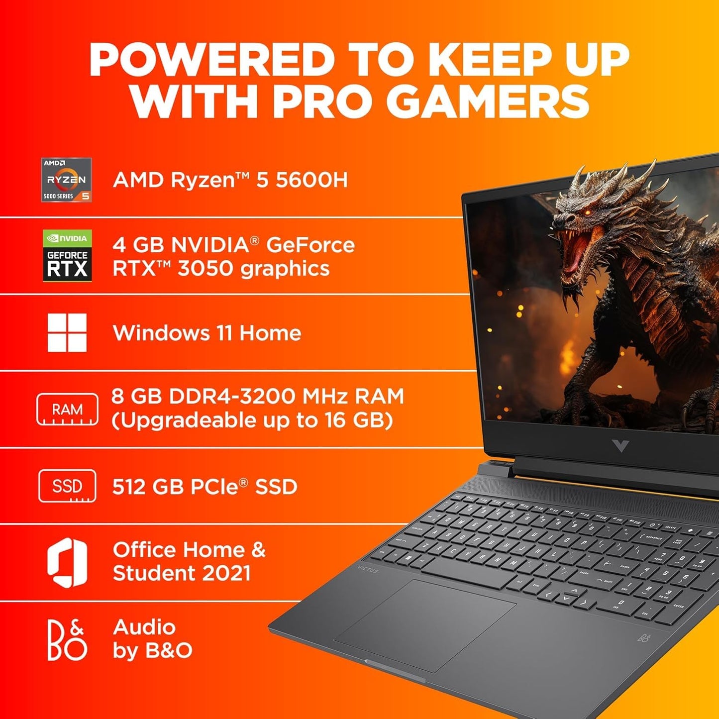 HP Victus Gaming, AMD Ryzen 5 5600H, NVIDIA RTX 3050, 8GB DDR4, 512GB SSD, 15.6-inch(39.6cm), 144Hz, 250Nits, FHD Gaming Laptop, Backlit KB, 720p HD Camera (Win 11, Office 21,Silver, 2.29kg) fb0180AX