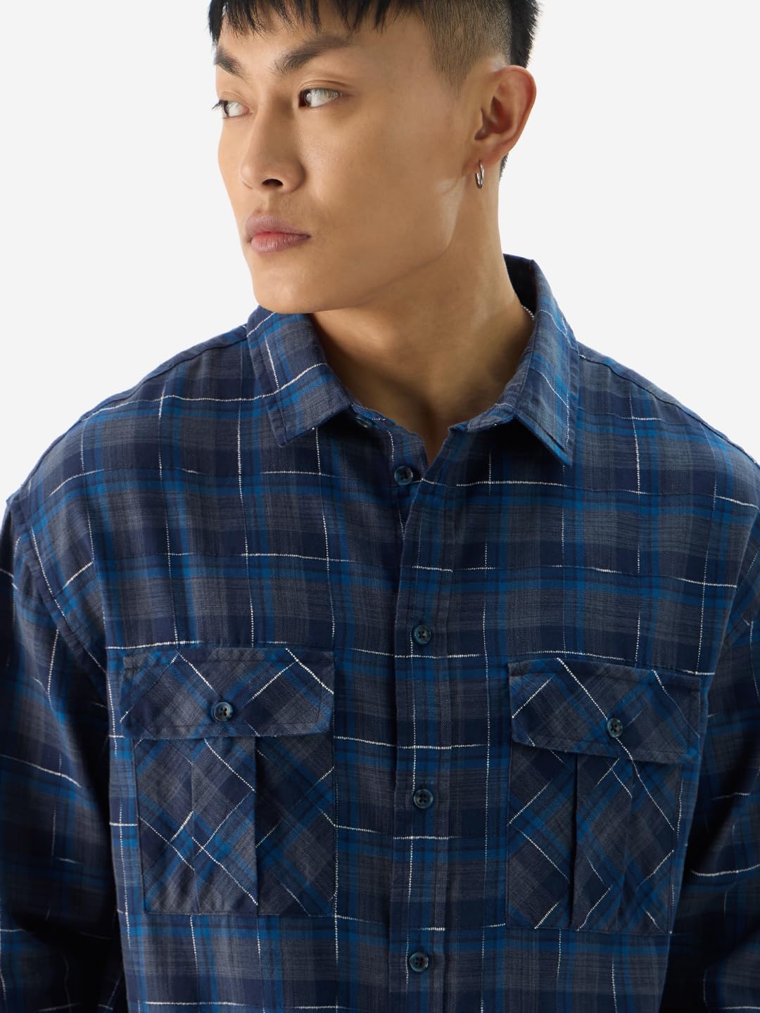 The Souled Store Plaid: Indigo Wave Men and Boys Long Sleeve Collared Neck Button Down Regular Fit Cotton Utility Shirts