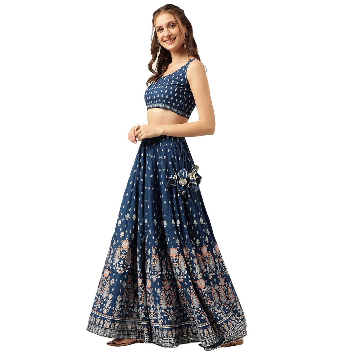 Divena Blue Rayon Flared Lehenga Choli Set with Organza Dupatta