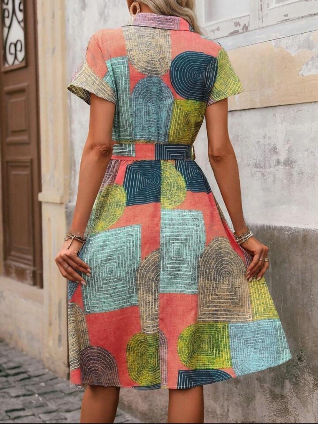 Gufrina Women's Short Sleeve Collar Neck Dress - Geometric Print Button-Down Midi Dress with Tie-Up Belt (in, Alpha, 5XL, Regular, Peach)