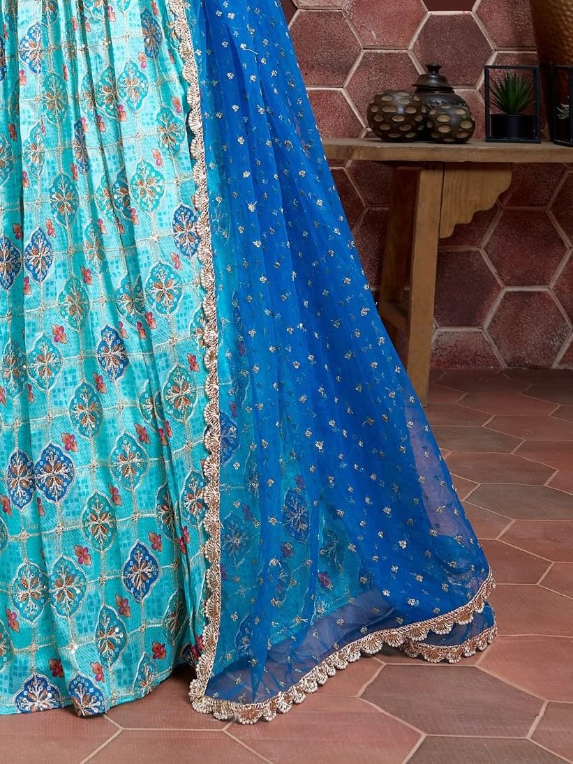 Zeel Clothing Women's Silk Embroidered Semi-Stitched Lehenga Choli with Dupatta (109-SKyBlue-Wedding-Bridal-Latest-Lehenga; Free Size)