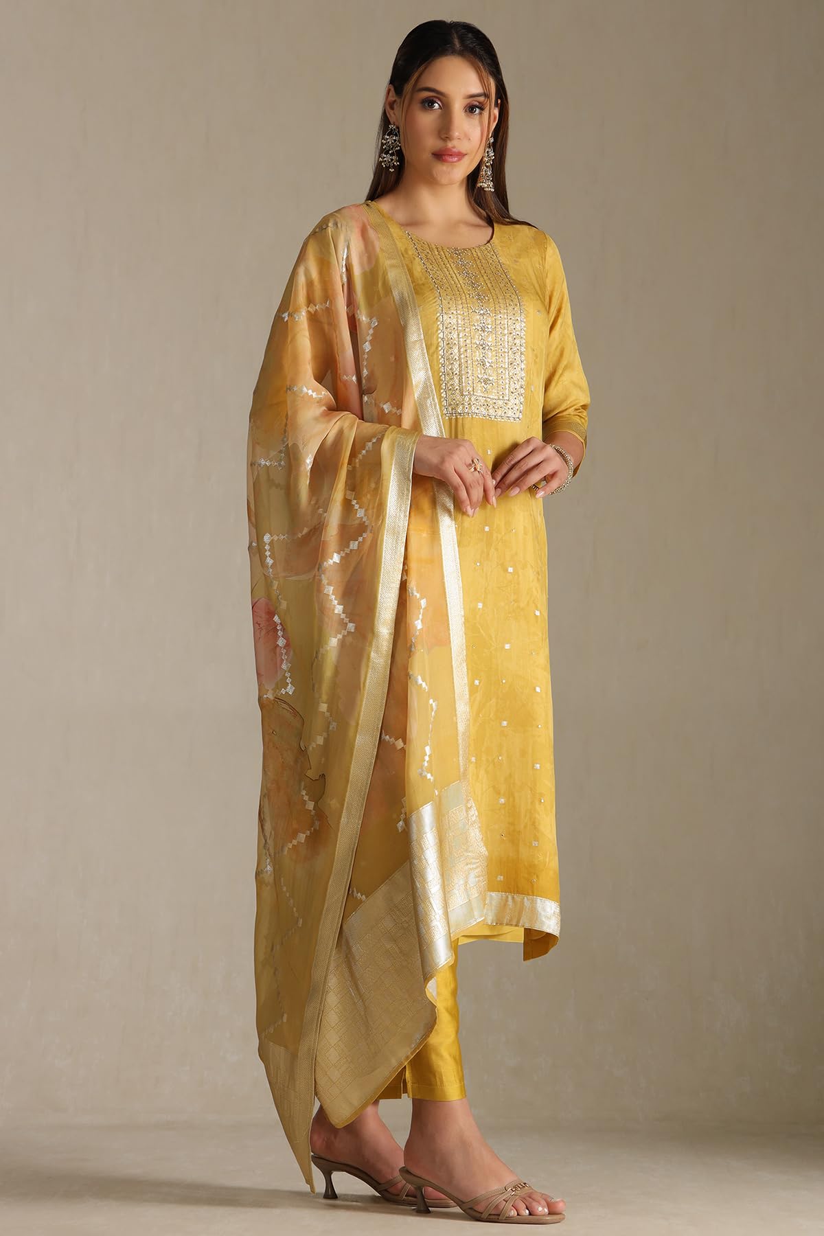 Soch Womens Mustard Organza Zari Woven Suit Set With Faux Mirror And Sequins