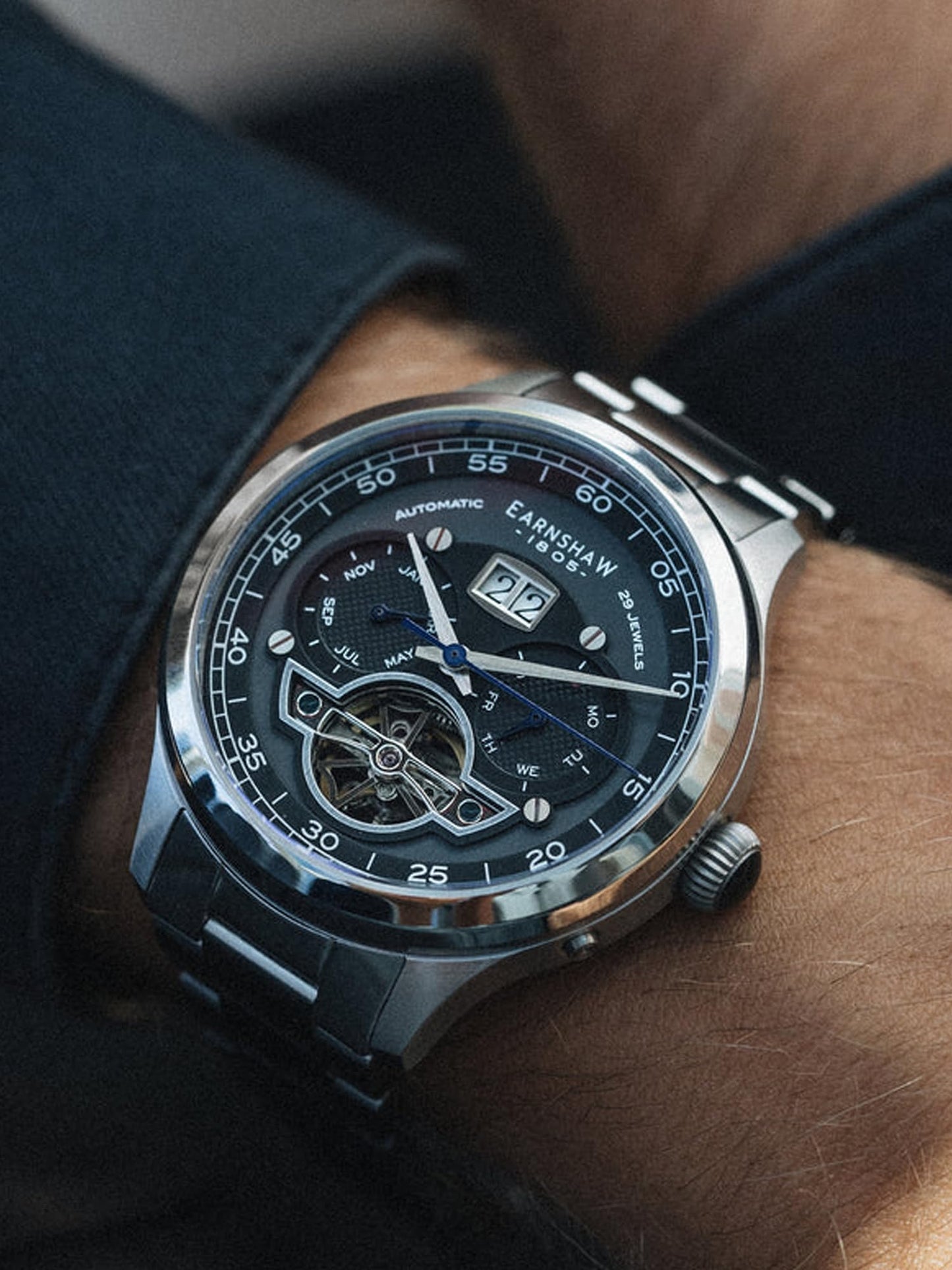 Earnshaw Baron Automatic Black Round Dial Men's Watch - ES-8187-11