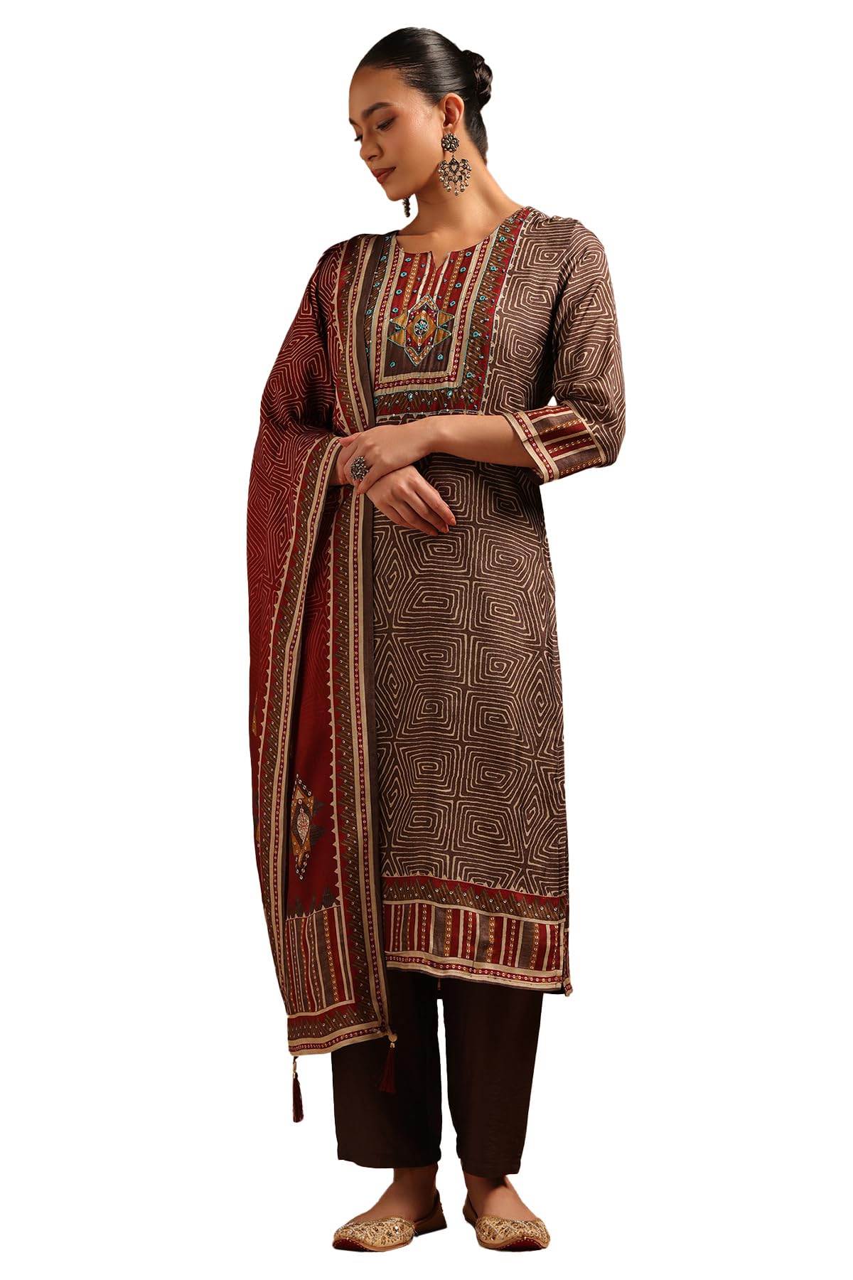Soch Womens Earth Dola Silk Geometric Suit Set With Bead Details