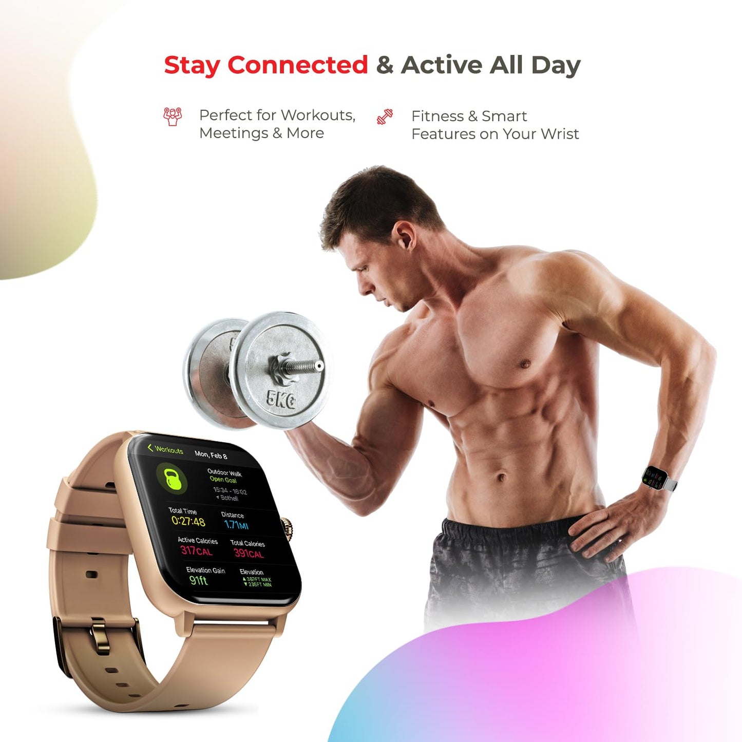 Nervfit Newly Launched Vibe Smartwatch with 1.85" LED Display | Bluetooth Calling | Waterproof | Heart Rate & SpO2 Tracking | Sleep & Stress Monitor | 5-Day Battery | Sports Modes (Rose Gold)
