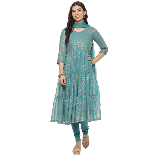 BIBA WOMEN PRINTED ANARKALI SALWAR KURTA DUPATTA(SKDGOLD MUR9143_SEA GREEN_36)