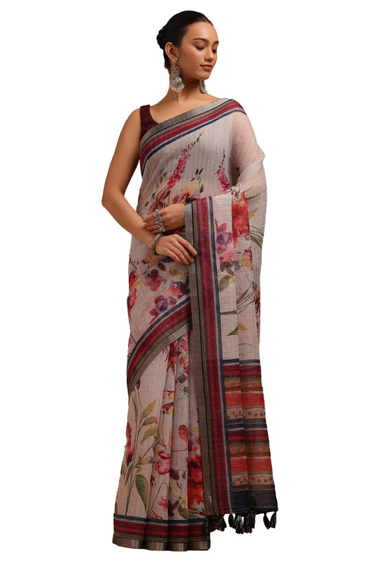 Soch Womens Off White Linen Botanical Print Saree