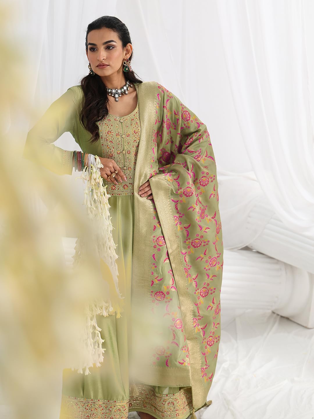 Libas Embroidered Silk Blend A-Line Ethnic Dress with Dupatta-93632L