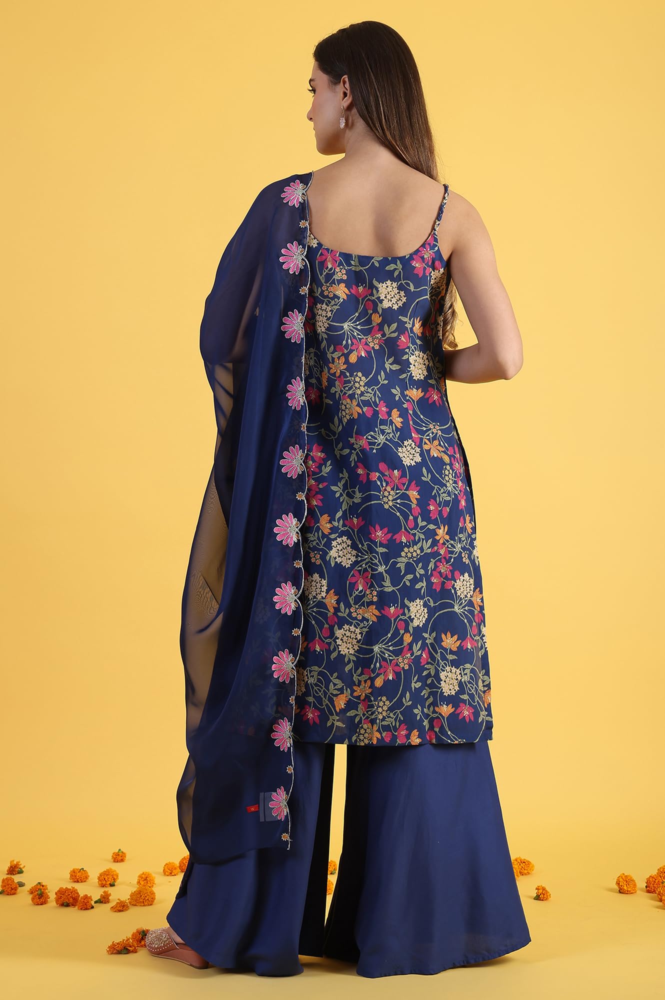 W for Woman Blue Printed Metallic Embroidery Straight Kurta & Sharara with Dupatta Set (Size: XL)-24AUWS11785-124320
