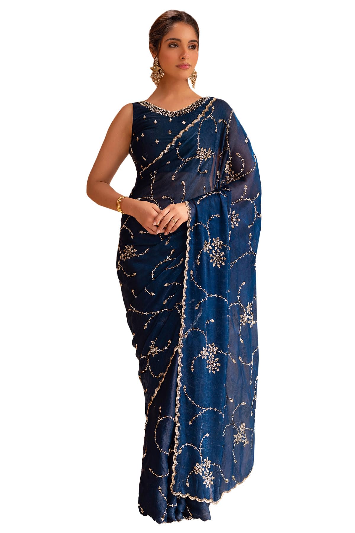 Soch Womens Teal Blue Organza Saree With Stone Work