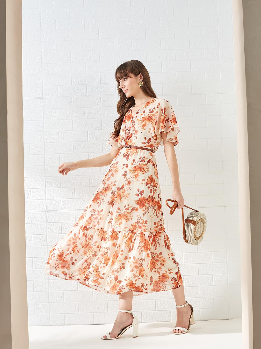 Latin Quarters Women's Rust Short Sleeves V-Neck Printed Casual Maxi Dress_M