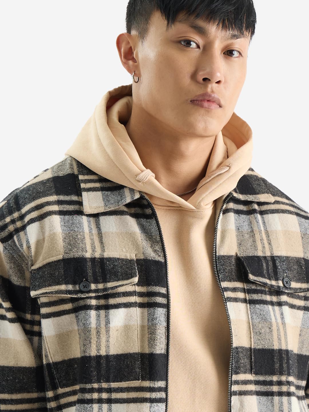 The Souled Store Plaid: Brown and Black Men and Boys Long Sleeve Zipper Front Oversized Fit Cotton Flannel Shackets Men's Shackets Shirt Winter Plaid Thick Jackets Shackets for Men Outerwear