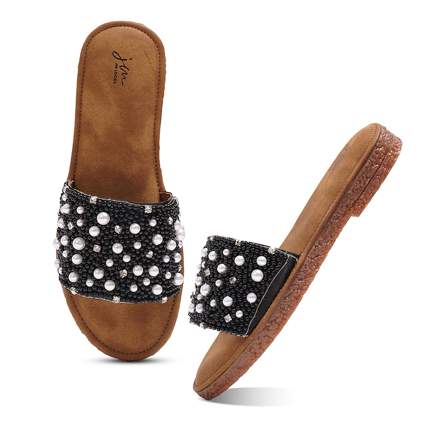 JM LOOKS Women & Girls Embllished Pearl Slide Flats Sandal Stylish Slippers for Daily Use Festival & Casualwear