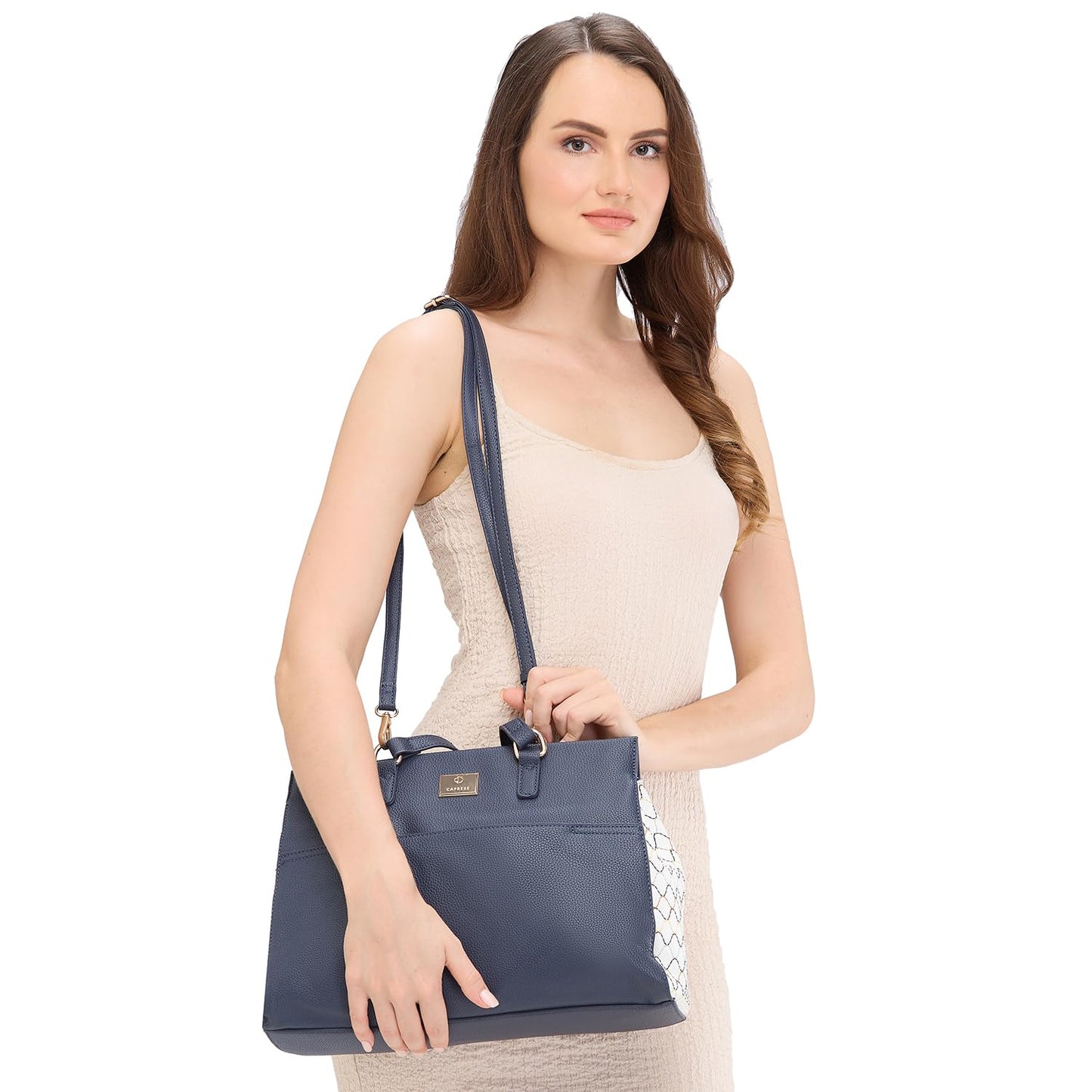 Caprese Shane Satchel, Navy-Large | Sleek Solid Designed Shoulder Bag for Women with Adjustable Sling Strap | Easy Back Access Pocket & Spacious | Perfect for College & Office Use