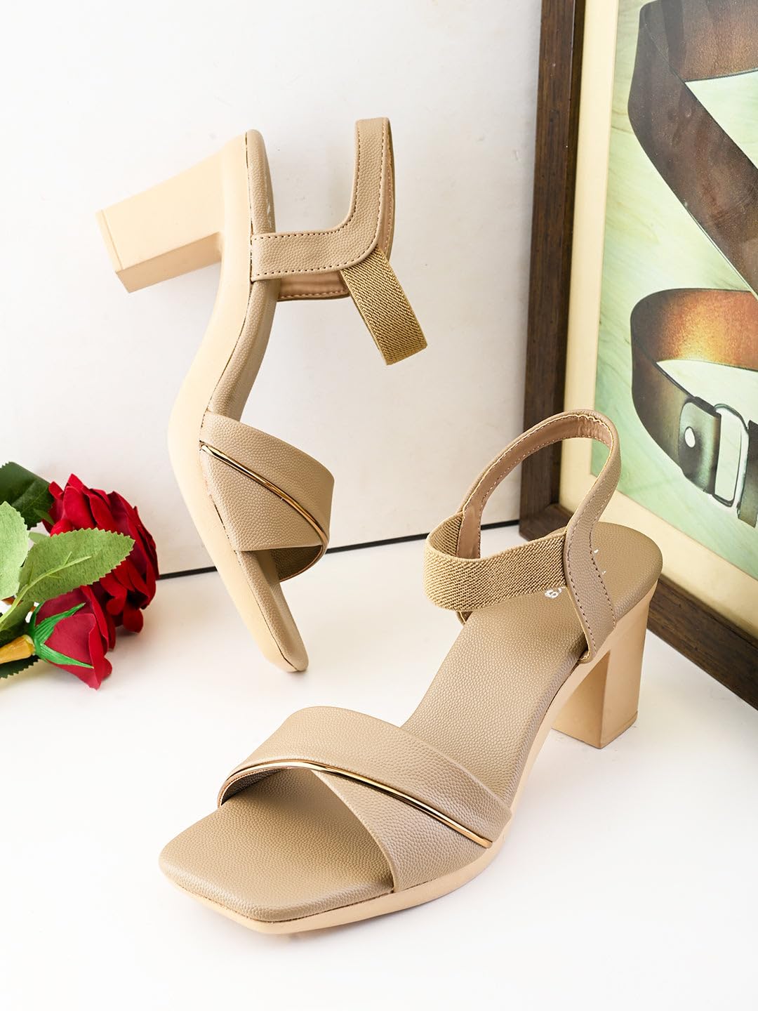 XE Looks Beige Wide Front Strap with Gold Accent | Stylish Textured Finish | Cushioned Footbed | Block Heel Sandal For Girl & Women