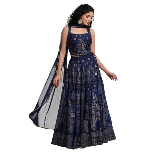 Biba Women Blue Fitted Printed Lightweight Lehenga Set_32