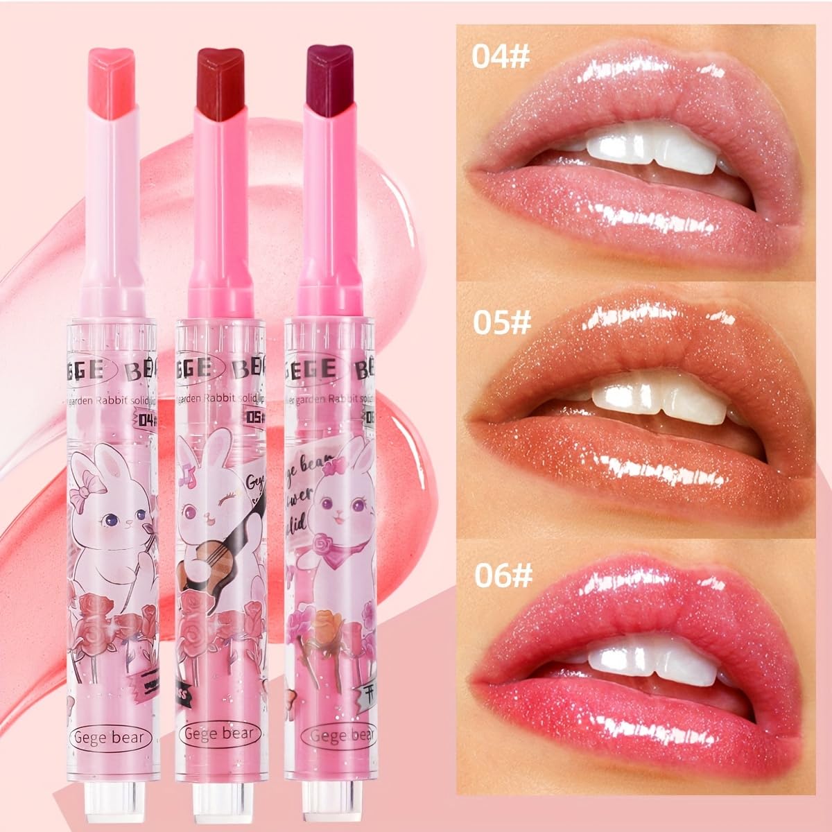 Gege Bear 3-in-1 Lip Gloss Set – Glossy Hydration, Heart-Shaped Design, and Rich Color in Every Click for Pout-Perfect Lips! (Set B - #4,#5,#6, Pack of 3)