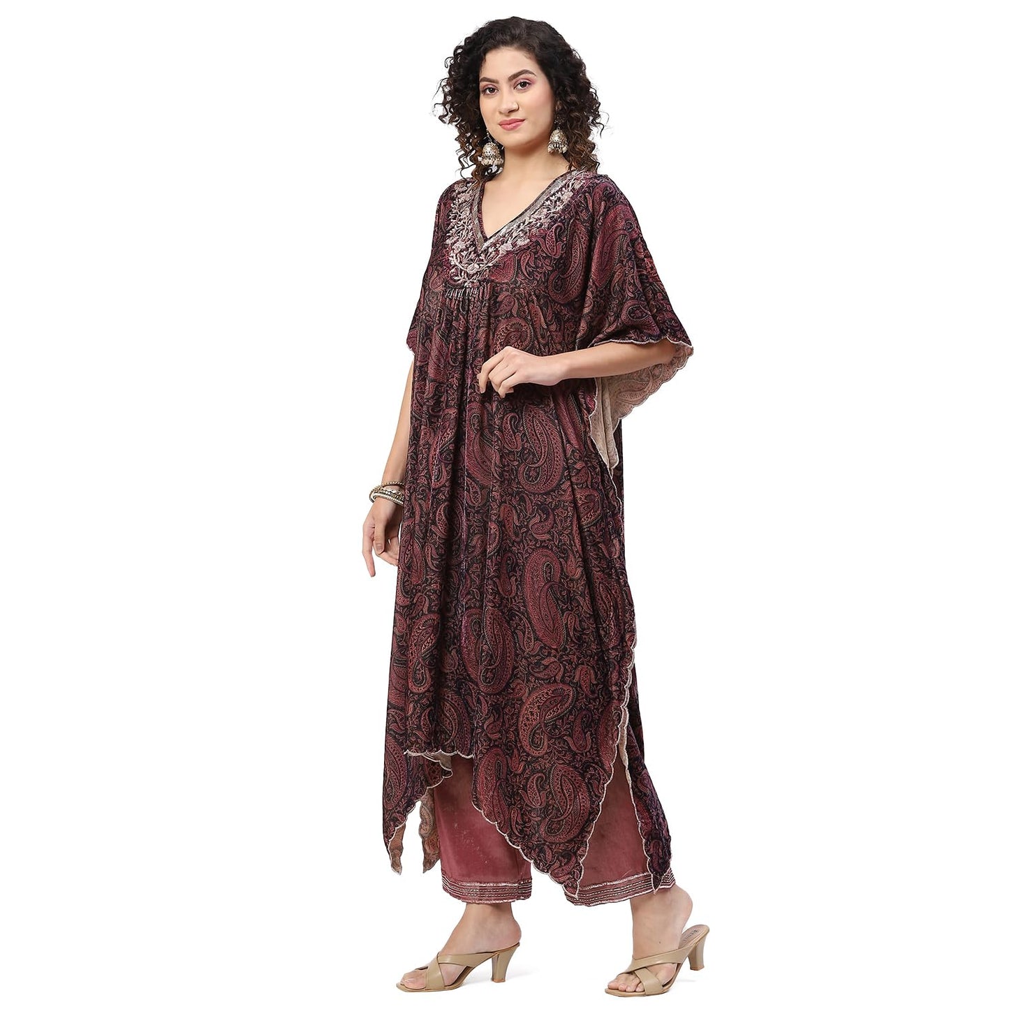 BIBA Women Polyester Printed Straight Salwar Kurta Dupatta(Skdkaftan8311_Purple_42)
