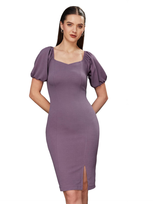 Miss Chase Women's Solid Bodycon V-Neck Half Sleeve Slim Fit Knee Long Dress (MCSS23D98-75-241-04, Dark Lavender, M)