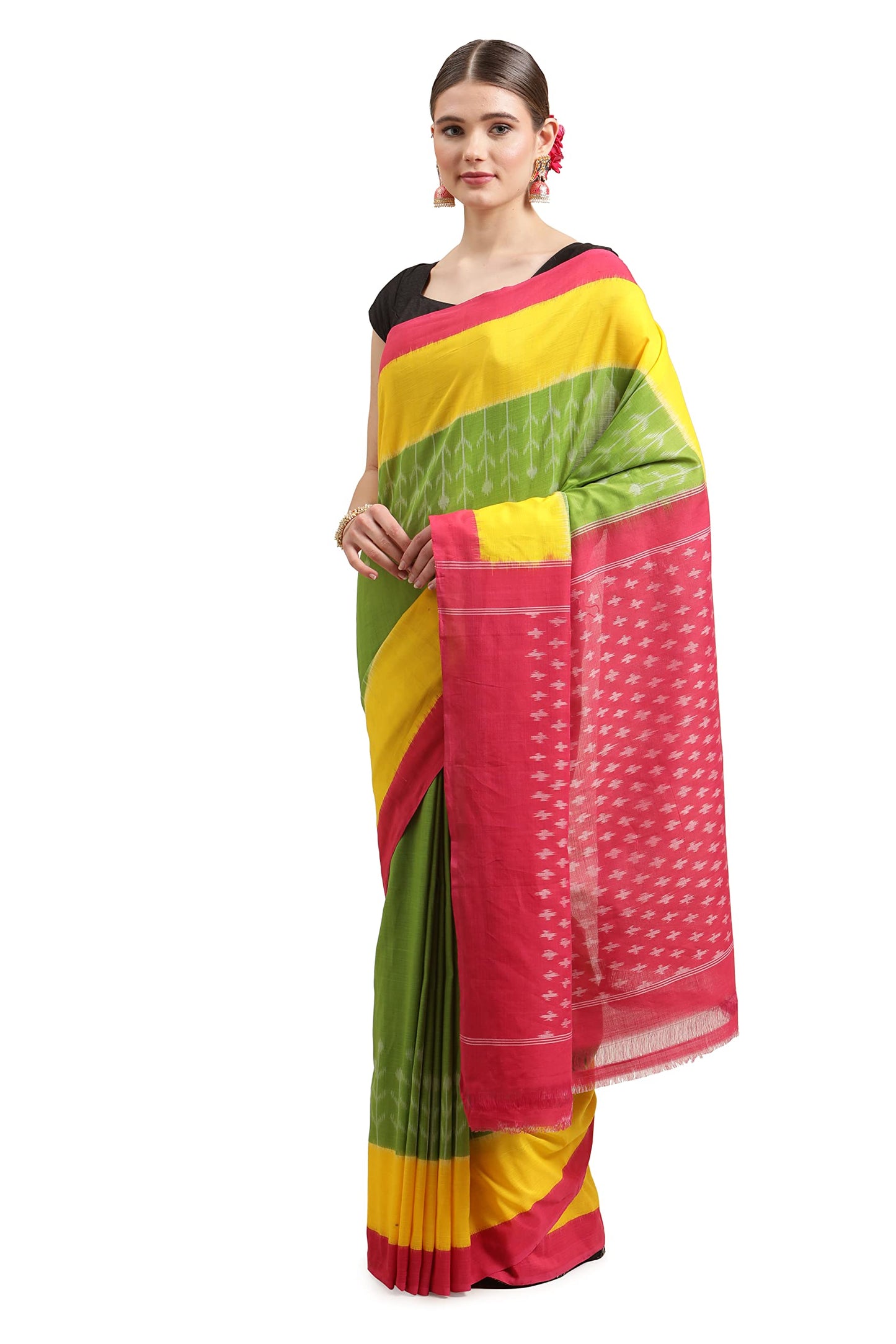 Aditri Women's Handloom Ikat on Cotton Saree with Running Blouse (Multicolored)