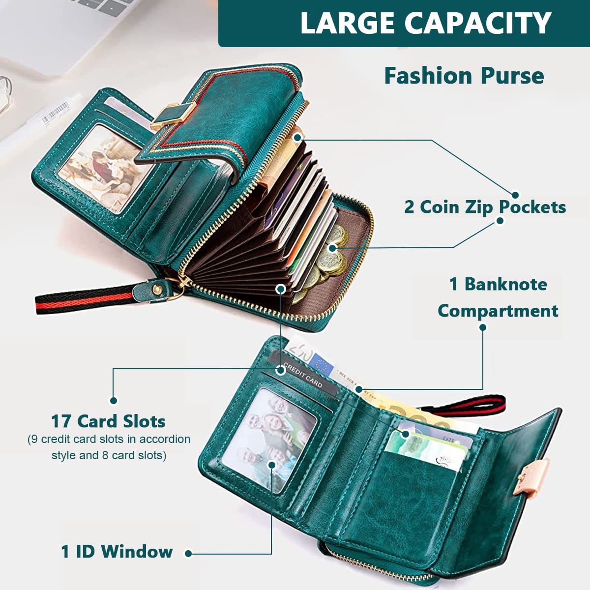 PALAY® Women's Bi-fold Leather Wallet - Turquoise Vintage Card Bag with Large Capacity and RFID Blocking
