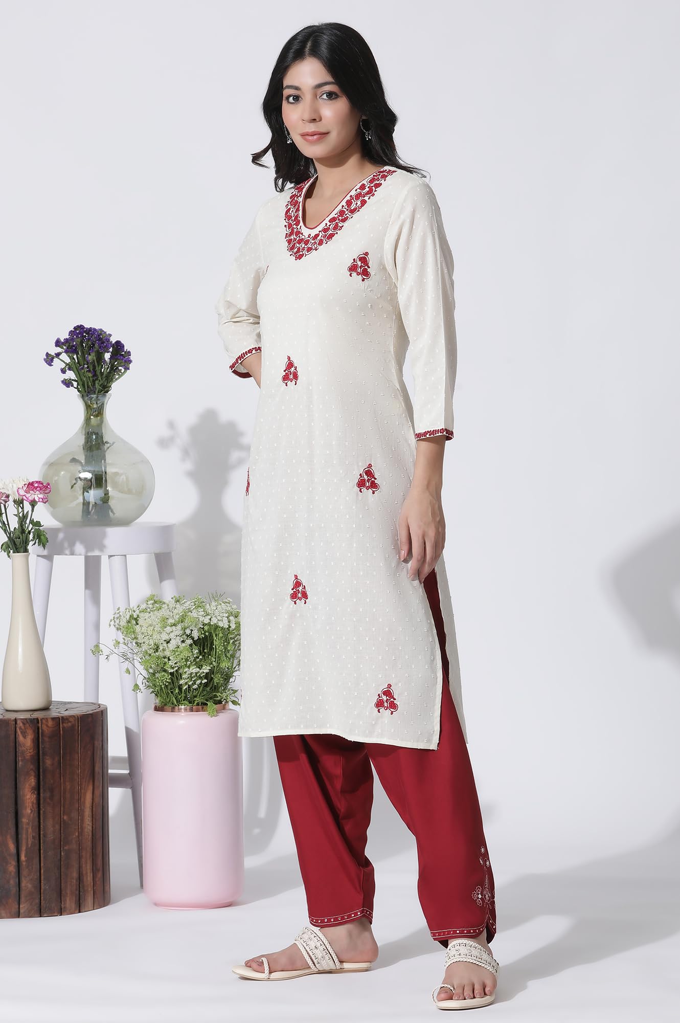 W for Woman White Embroidered Cotton Kurta, Salwar with Dupatta Set_24ONWS10609-221335_M