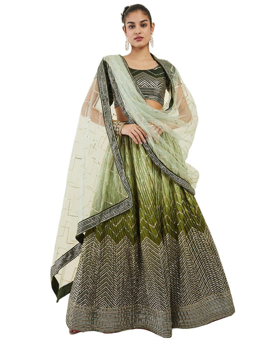 Zeel Clothing Women's Zari & Sequins Embroidered Art Silk Semi-stitched New Lehenga Choli Set With Dupatta (5057-Green-Wedding-Bridal-Latest-Stylish; Free Size)
