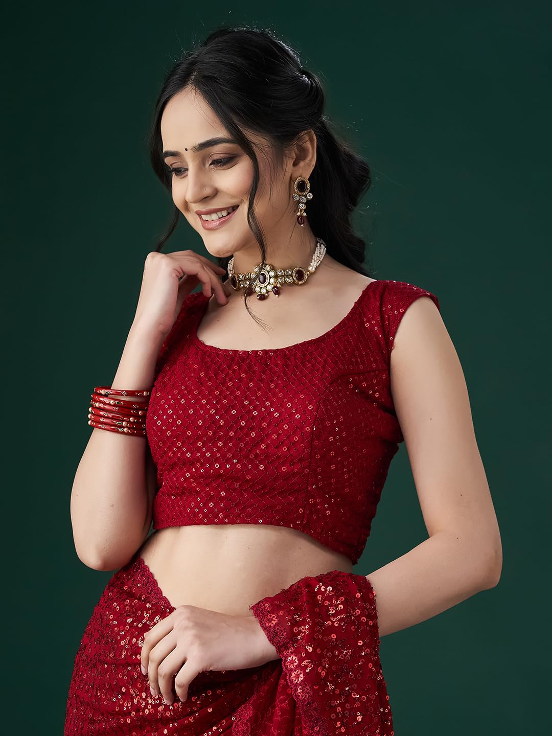 Kasee Women Embellished Sequinned Saree with Blouse Piece (Cherry)