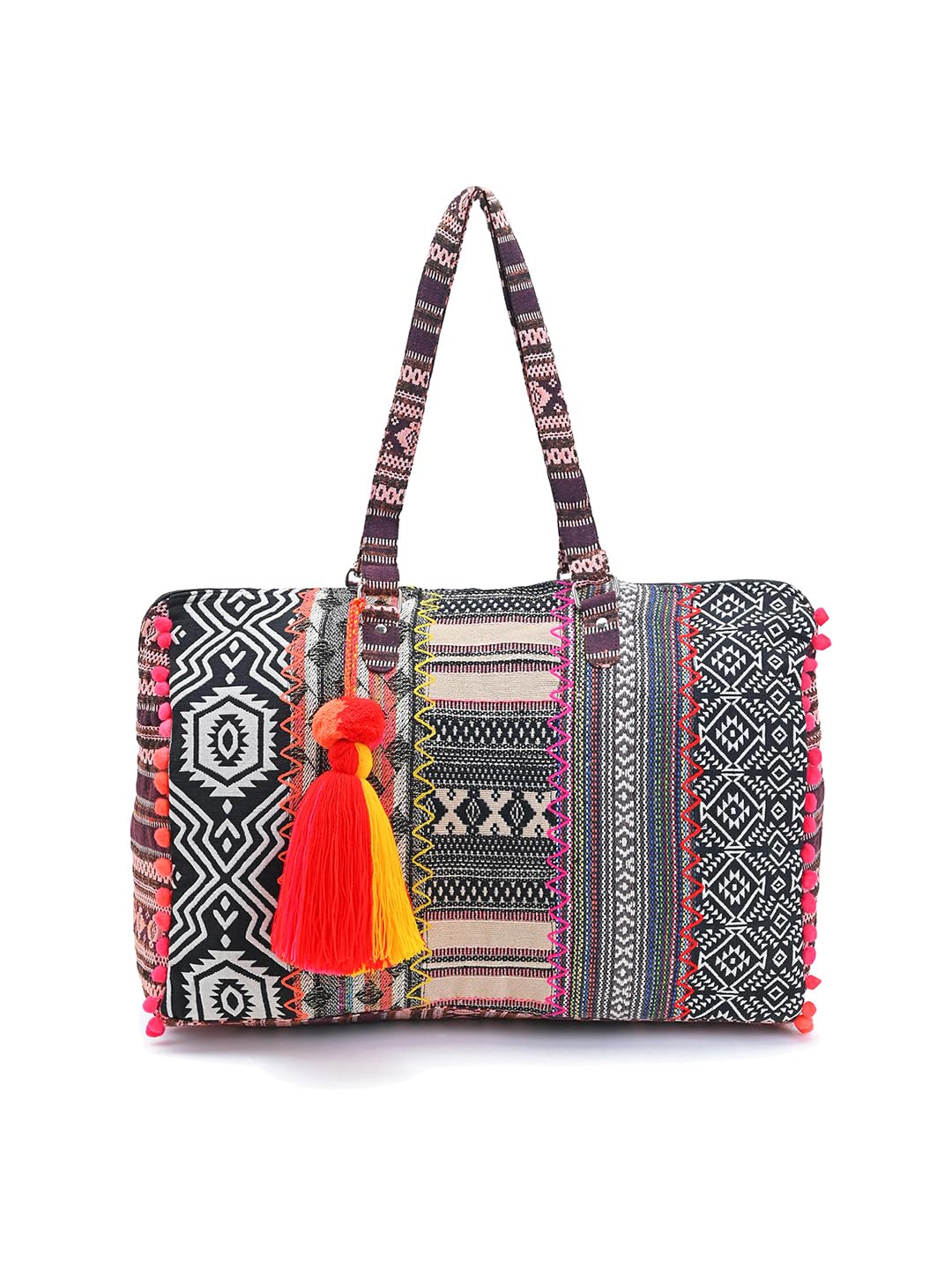 Boho Girl Oversized Travel Bag | Oversized Women Bag | Oversized Travel Bag for Women | Detailing with Colorful Pom Pom & Tassel | Two Slip Pockets Along with One Zip Pocket