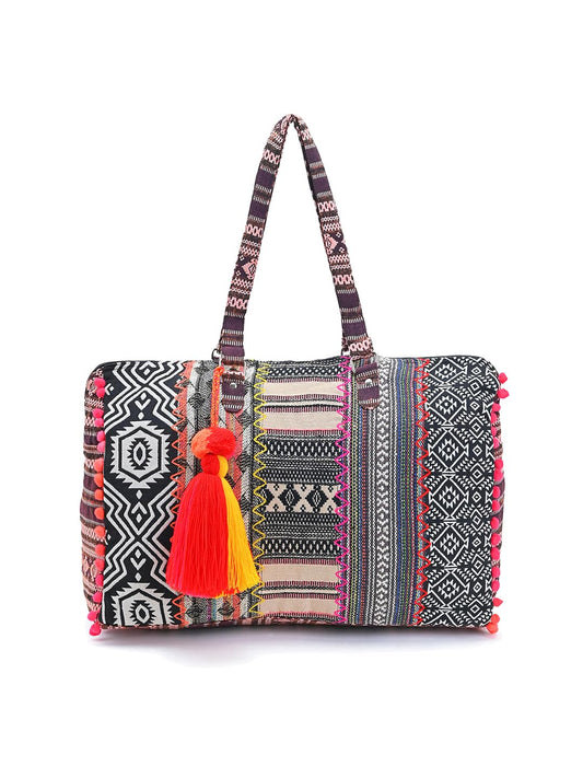 Boho Girl Oversized Travel Bag | Oversized Women Bag | Oversized Travel Bag for Women | Detailing with Colorful Pom Pom & Tassel | Two Slip Pockets Along with One Zip Pocket