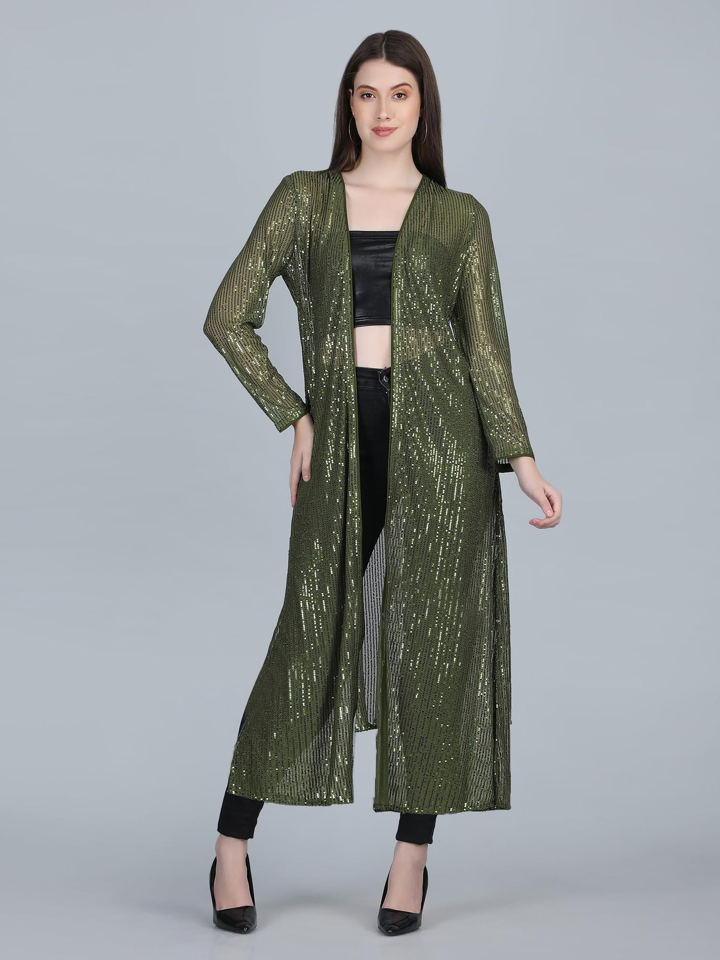 AOL Women's Long Power Net Open Neck Sequinned Shrug(Olive Green, Free Size)