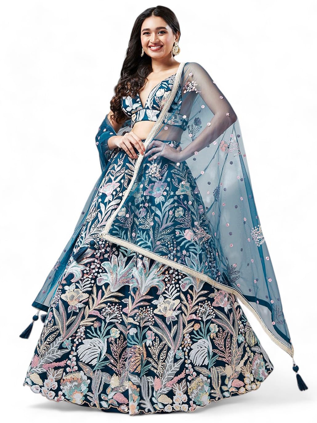 Zeel Clothing Women's Sequins Embroidered Fabric Soft Net Lehenga Choli With Dupatta (6032-Blue-Wedding-Stylish-Lehenga-Choli-Latest; Free Size), Customizable Length