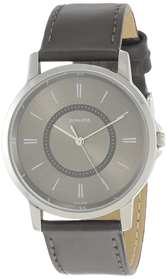 Sonata Quartz Analog Grey Dial Leather Strap Watch for Men-NS77083SL06W/NT77083SL06W