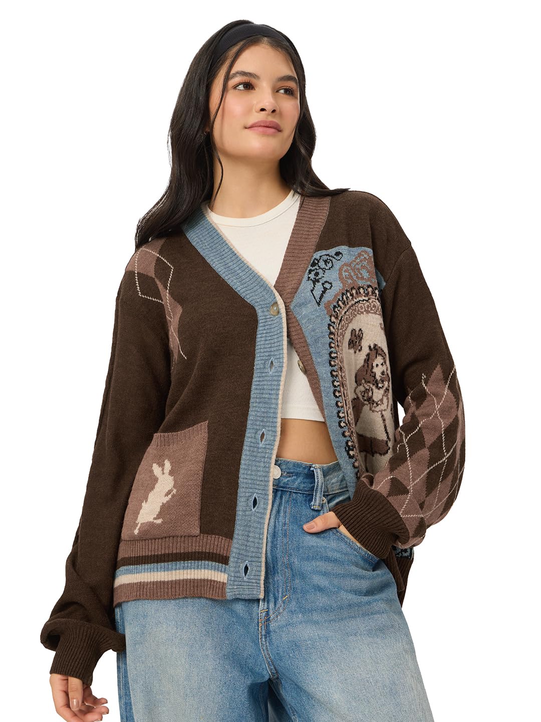 The Souled Store Official Disney: Alice Women and Girls Oversized Sweater Brown