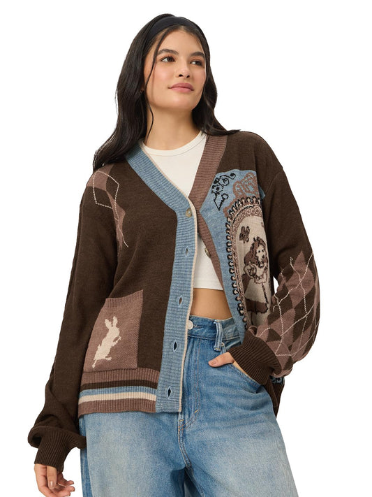 The Souled Store Official Disney: Alice Women and Girls Oversized Sweater Brown