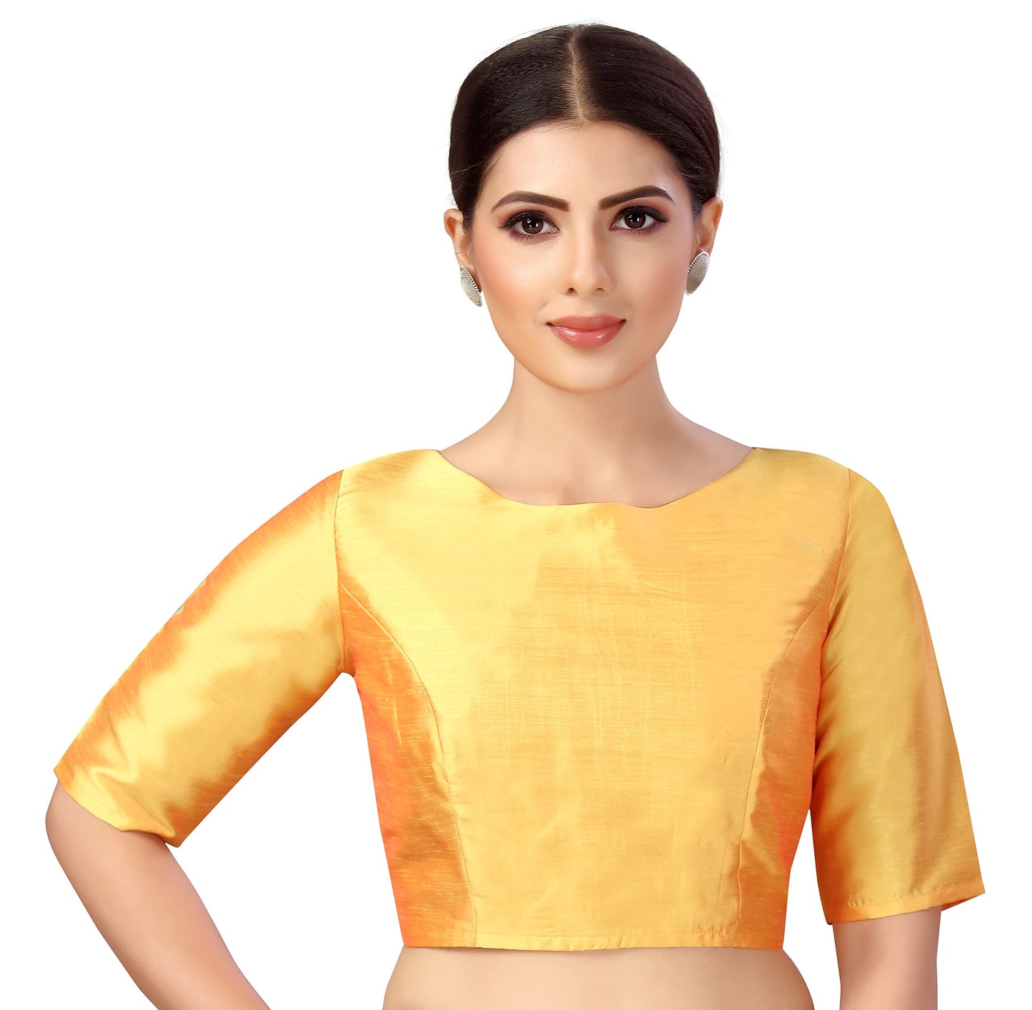 Studio Shringaar Women's Polyester Elbow Length Sleeves Plain Coloured Saree Blouse(Orange, 42)