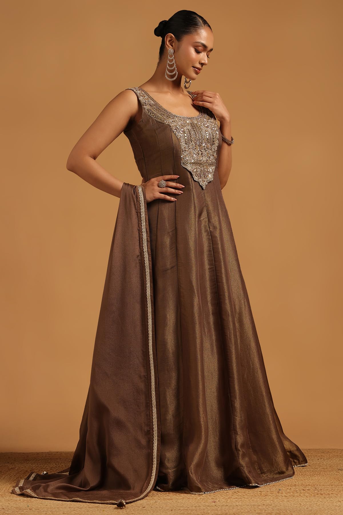 Soch Womens Olive Tissue Floral Gown with Beads and Stones