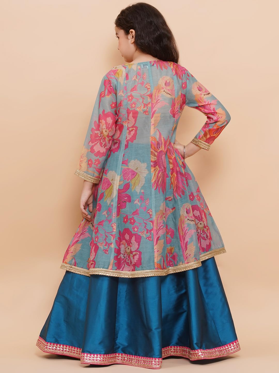 Bitiya by Bhama Girls Blue Floral Printededed Ready to Wear Lehenga & Blouse with Shrug