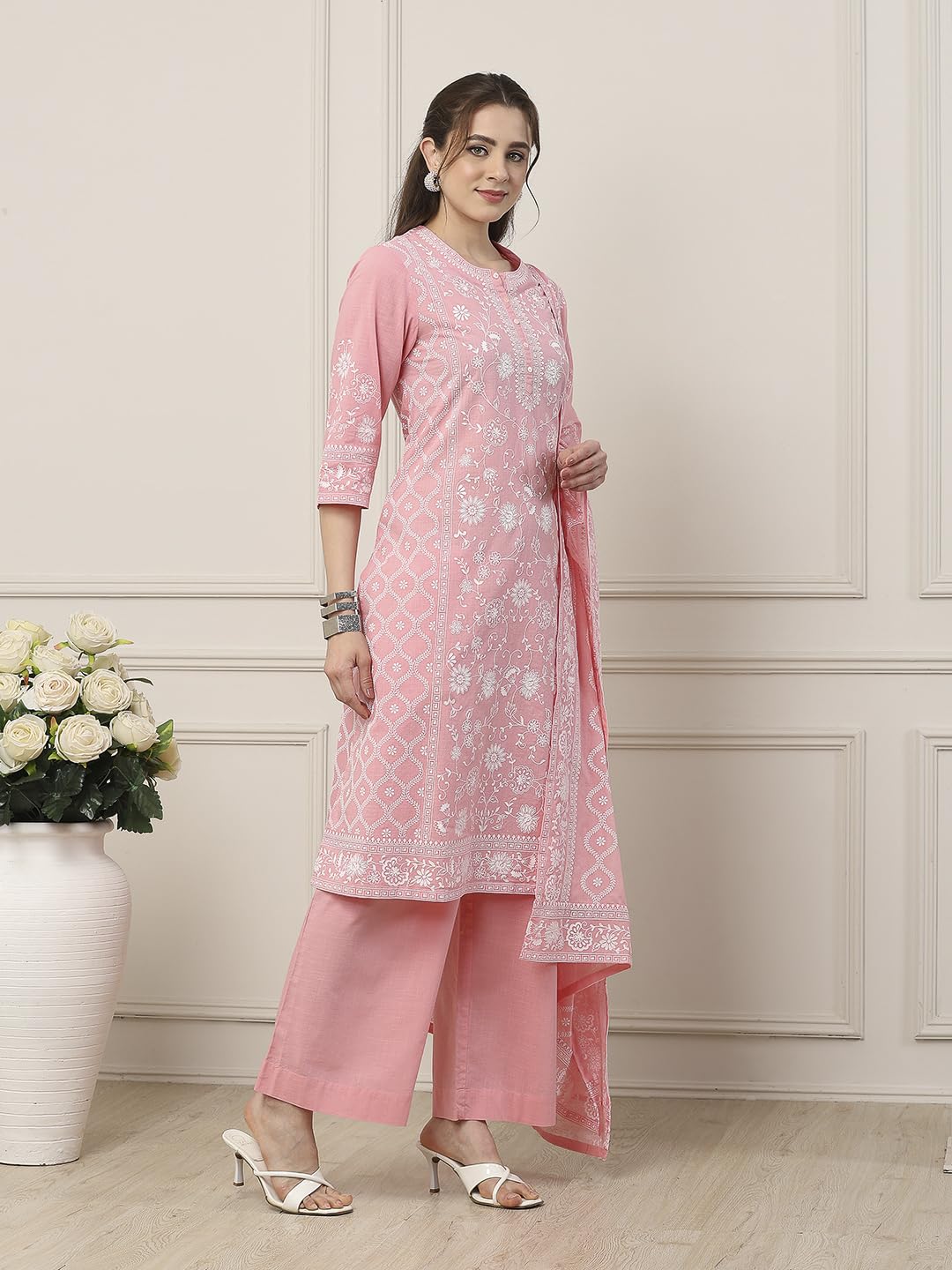 Biba Women Pink Cotton Straight Suit Set_36
