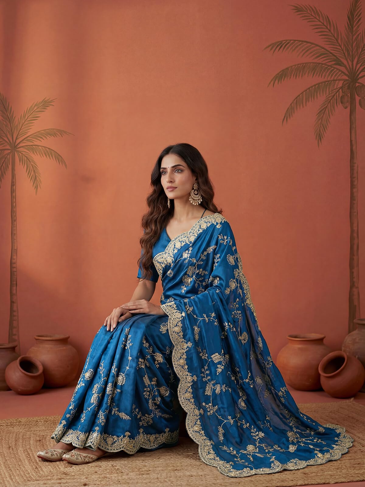 SIRIL Women's Satin Scalloped Border Embellished Sequins Embroidery Saree with Unstitched Blouse Piece (4858S171A_Teal Blue)